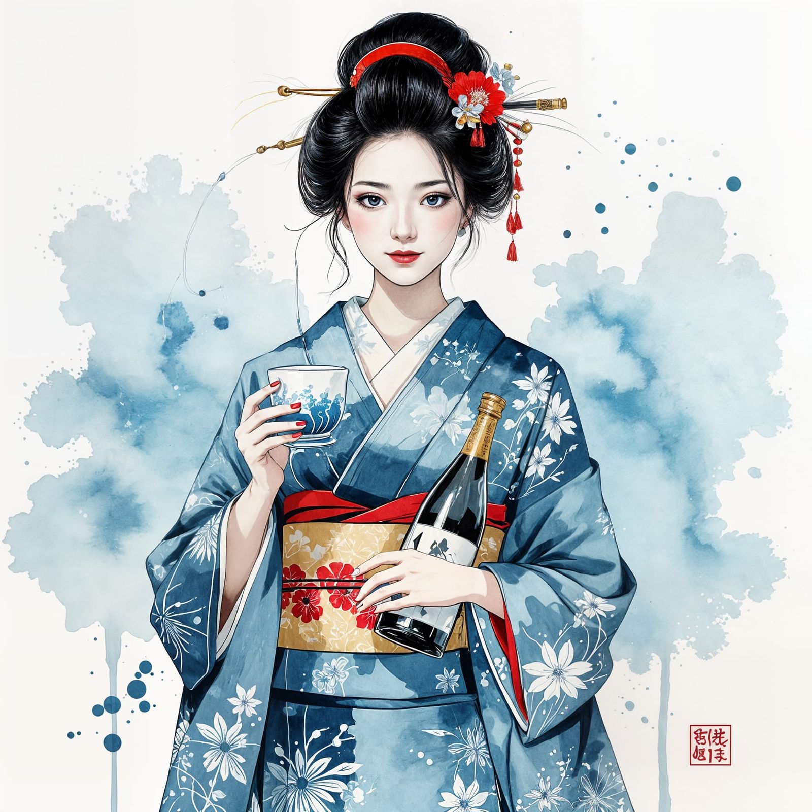 Elegant Japanese Woman in Sumi-e Ink Wash Style