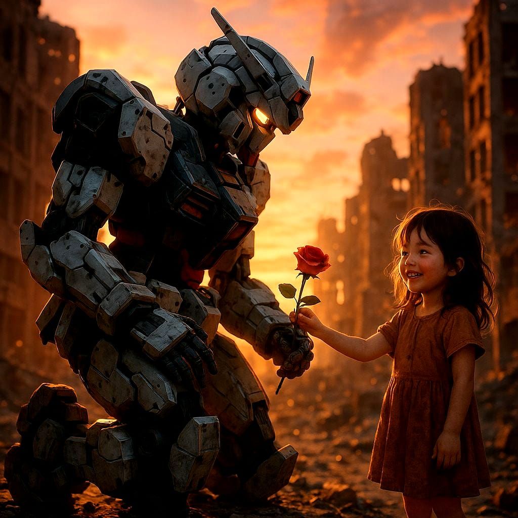 Anime Mecha Offers Rose in Ruined City