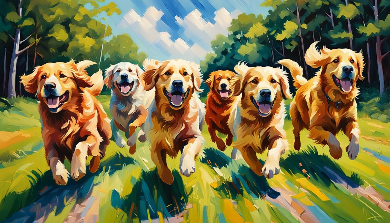 An oil painting of a large group of Golden Retriever dogs playing together.