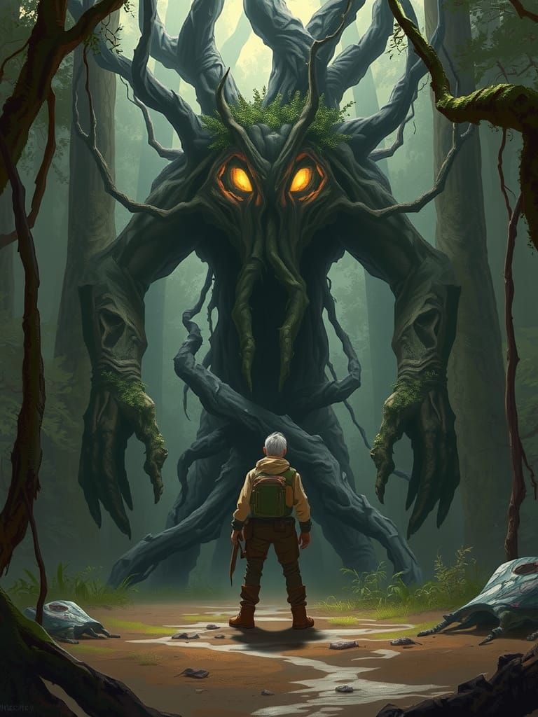 Adventurer Confronts Ancient Forest Being