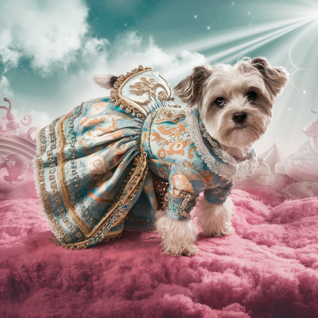 Dog in Rococo Dress in Candyland Wonderland