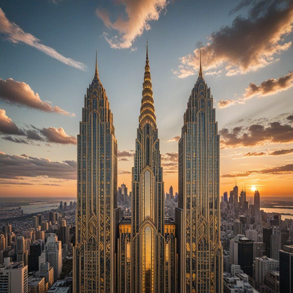 Art Deco Cityscape: Twilight and Sunrise Views