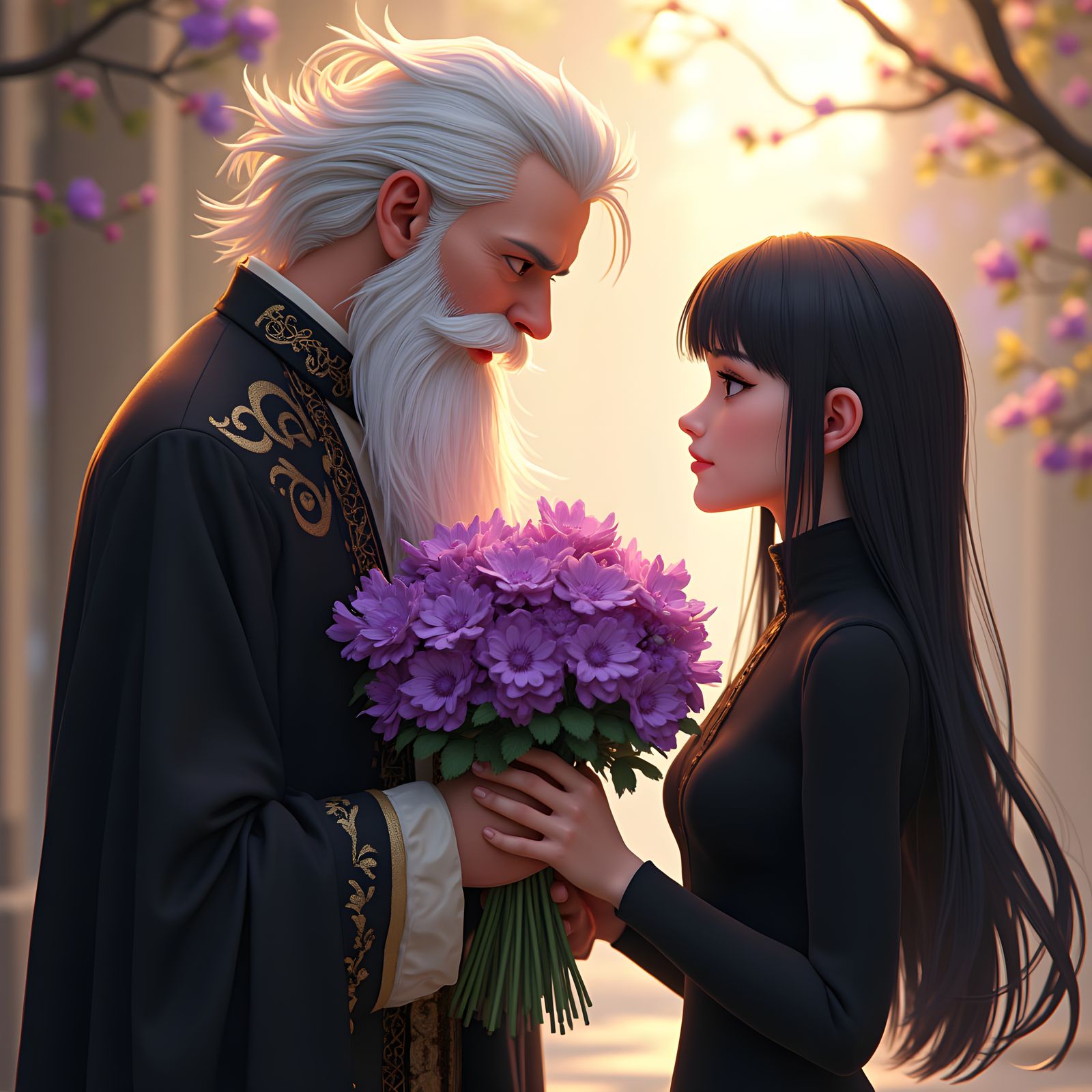 Anime Style: Man Giving Flowers to Wednesday Addams
