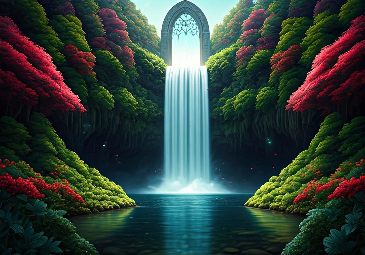 Ethereal Waterfall Scene with Dimensional Portal