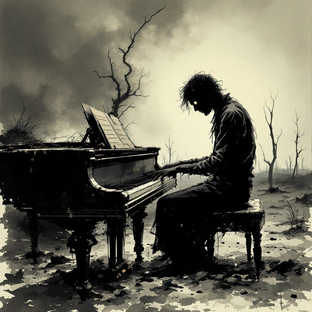 Pianist on War-Torn Battlefield at Dusk, Ink Wash Style