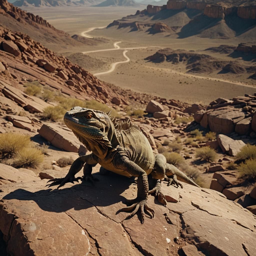 Lizard Runs in Sun-Scorched Landscape: Cinematic Still