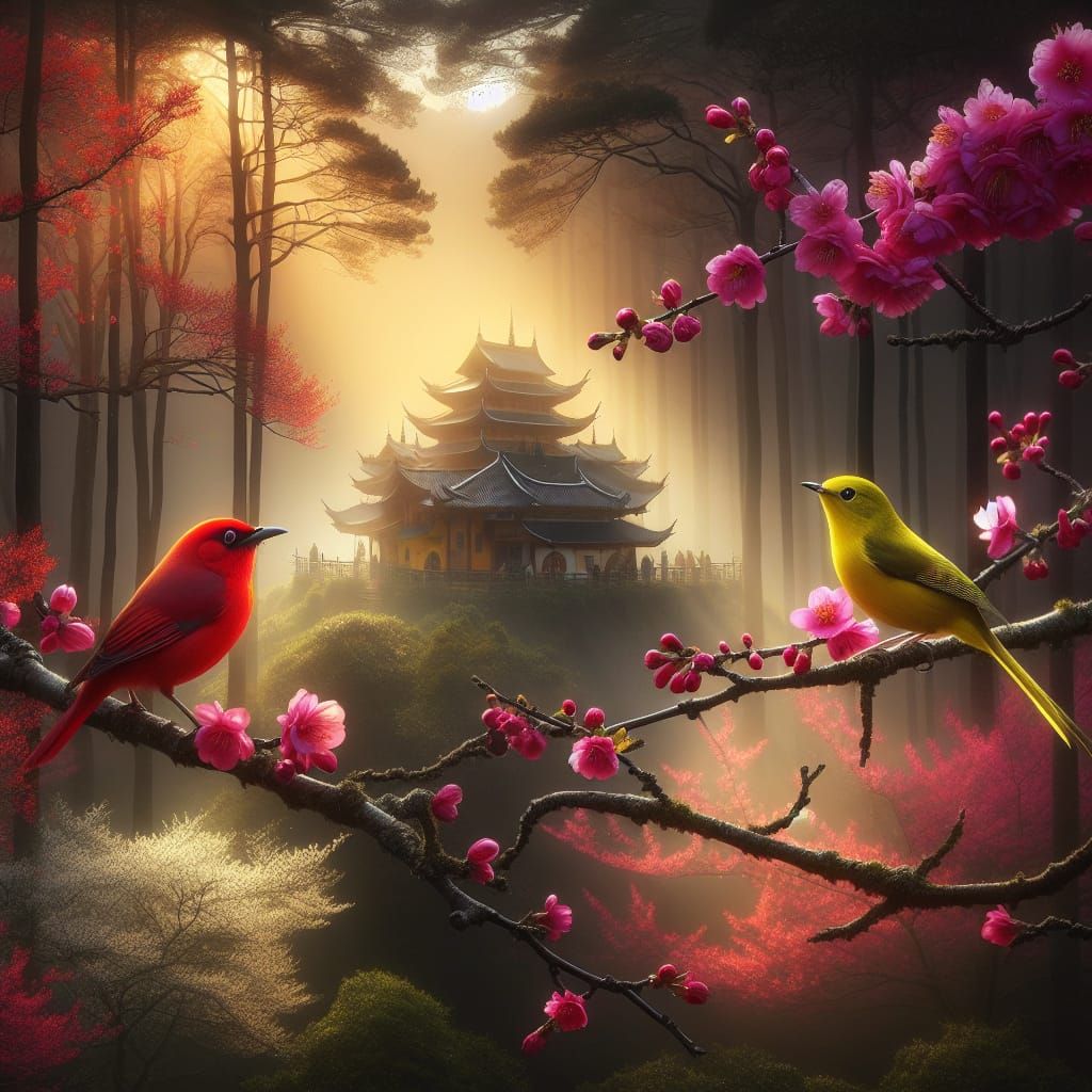 Sakura Tree Sanctuary with Monastery in Soft Focus