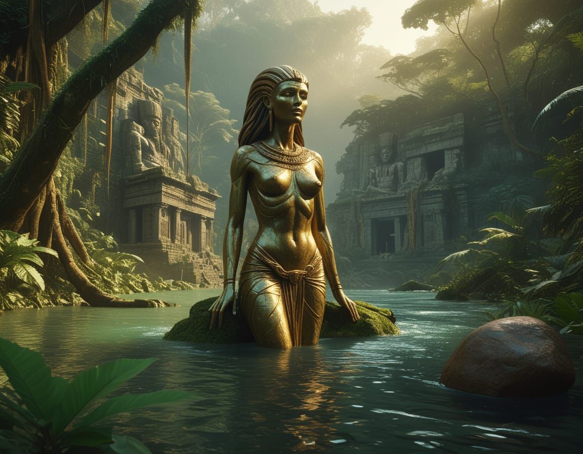 Ancient Alien Statue in Jungle River, Hyperrealistic Digital...