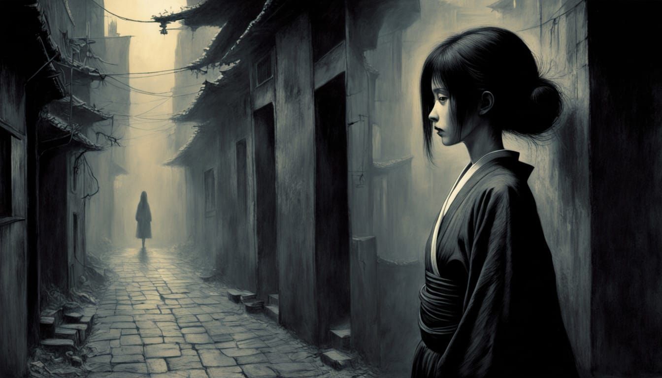 Surreal Japanese Woman in Flickering Alleyway