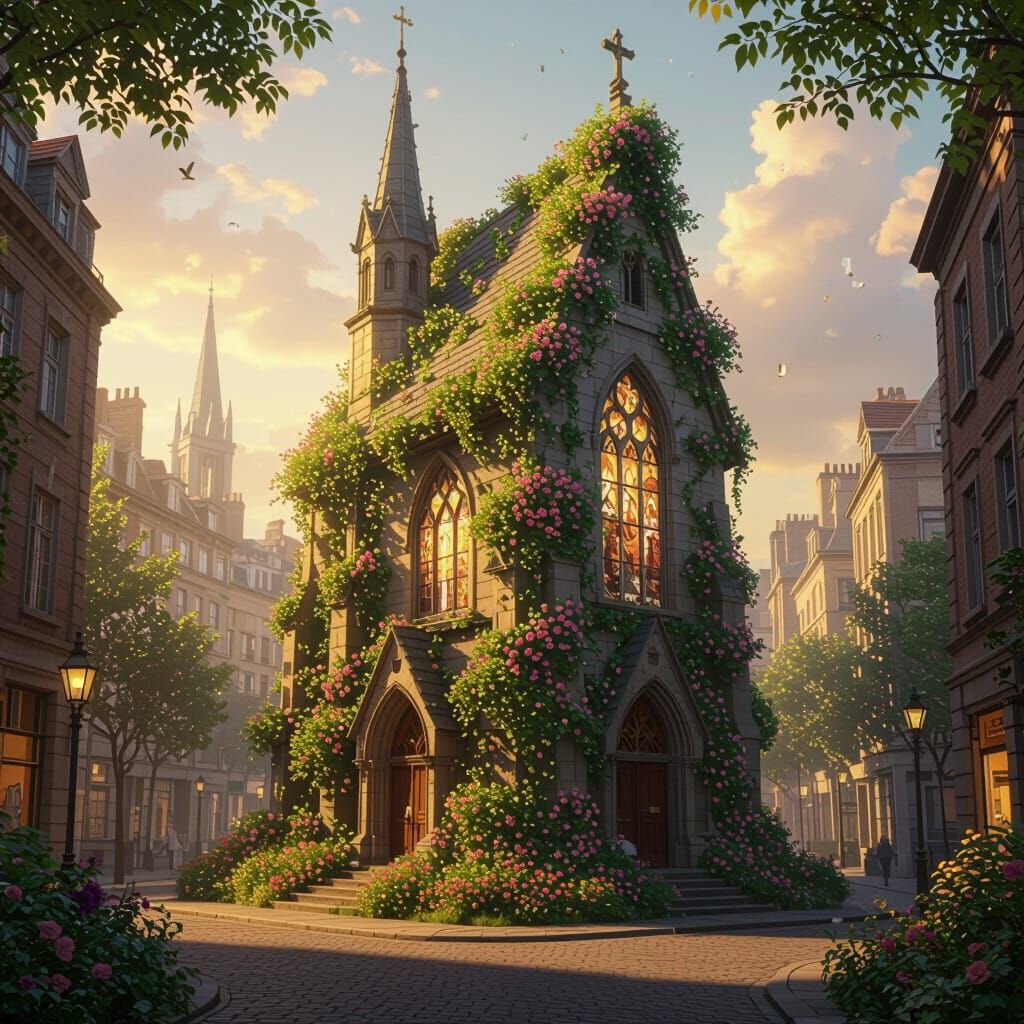 Dreamlike Church Covered in Flowers and Trees