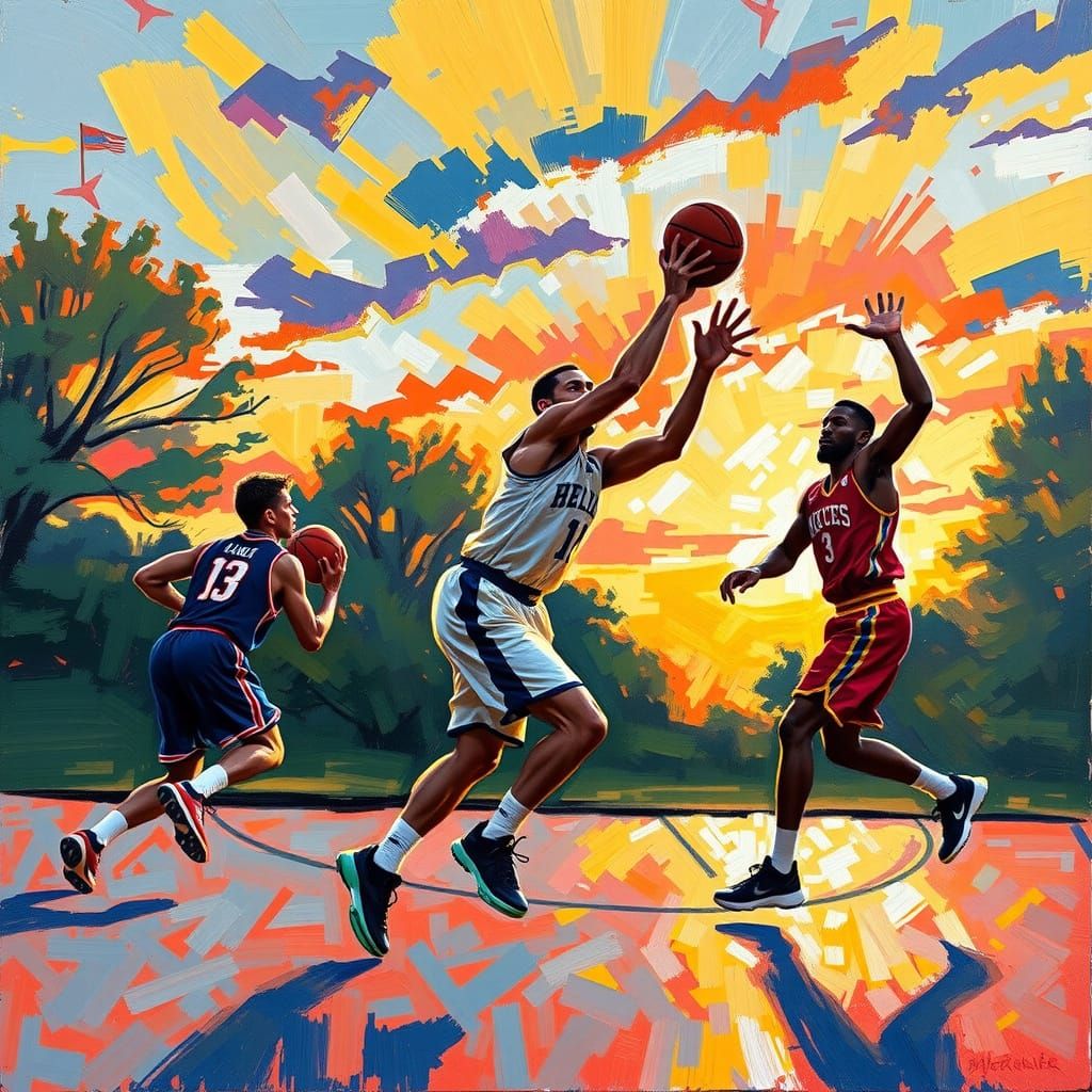 Impressionist Basketball Game in Park at Sunset