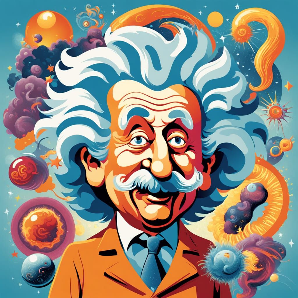 Whimsical Einstein Caricature with Cosmic Energy