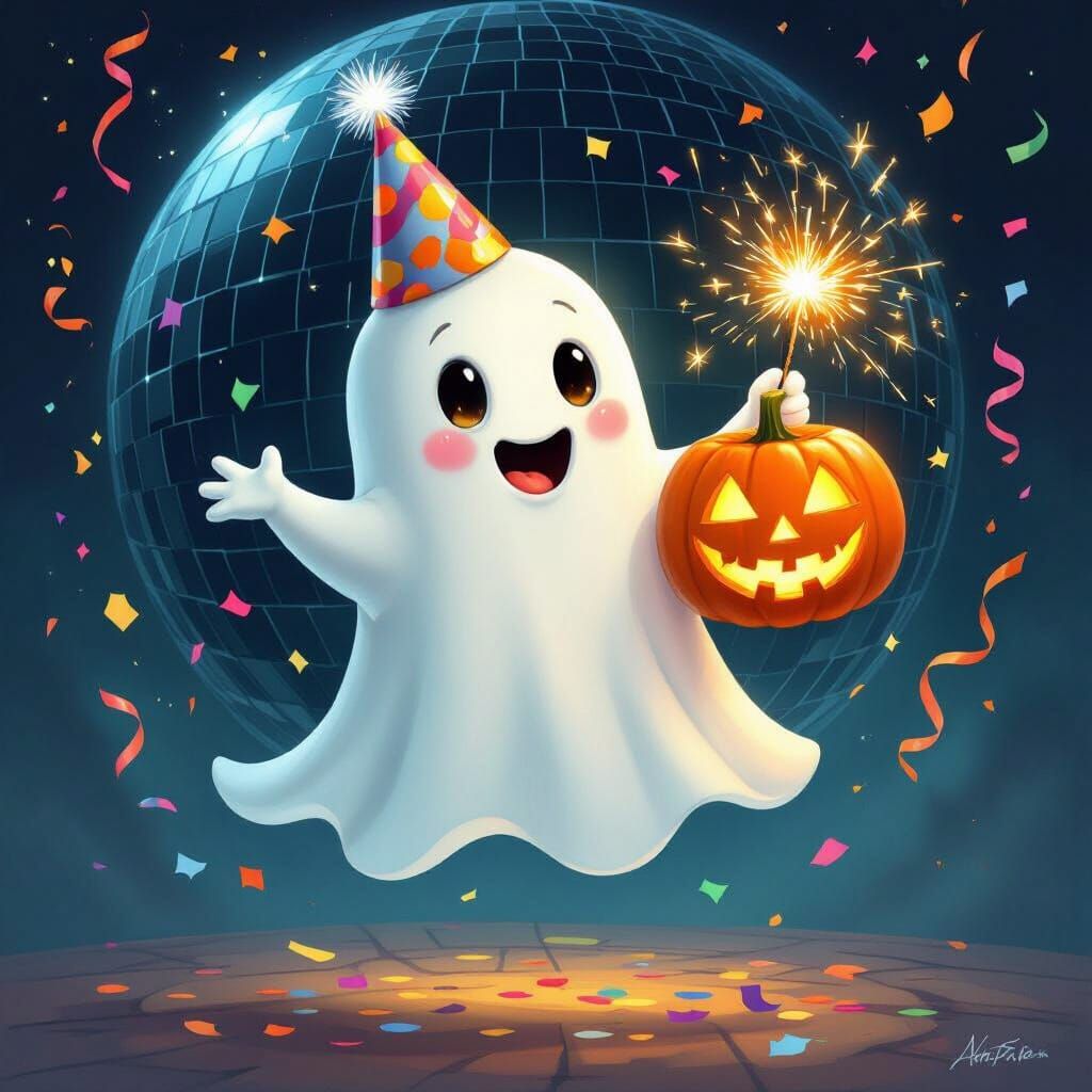 Whimsical Ghost Celebrates Halloween with Pumpkin and Sparkl...