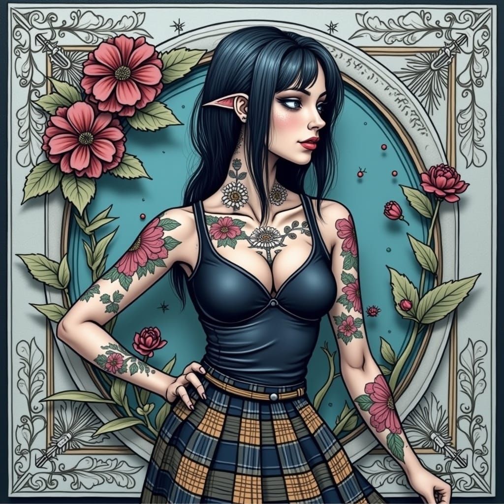 Cyborg Woman in Ochre Plaid Skirt with Biomechanical Tattoos