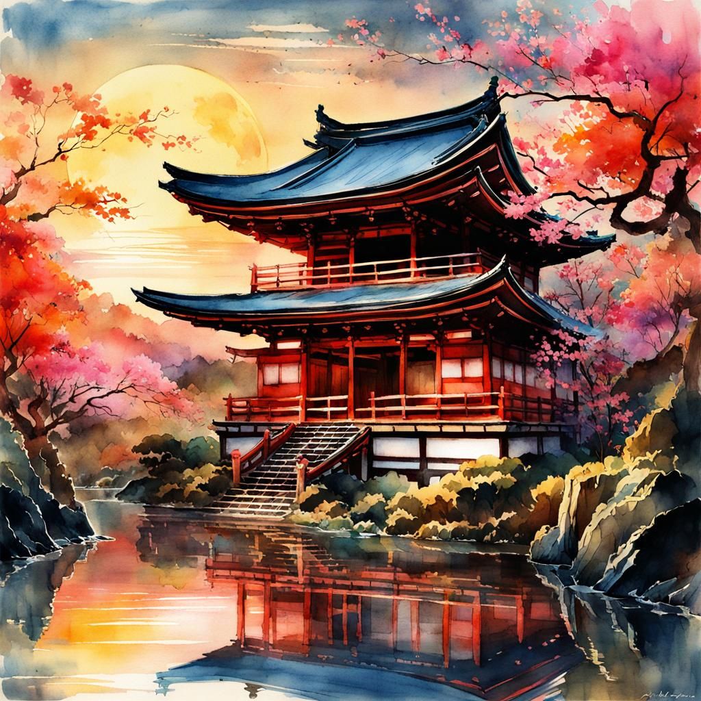 Japanese Temple Sunset in Digital Watercolor Style