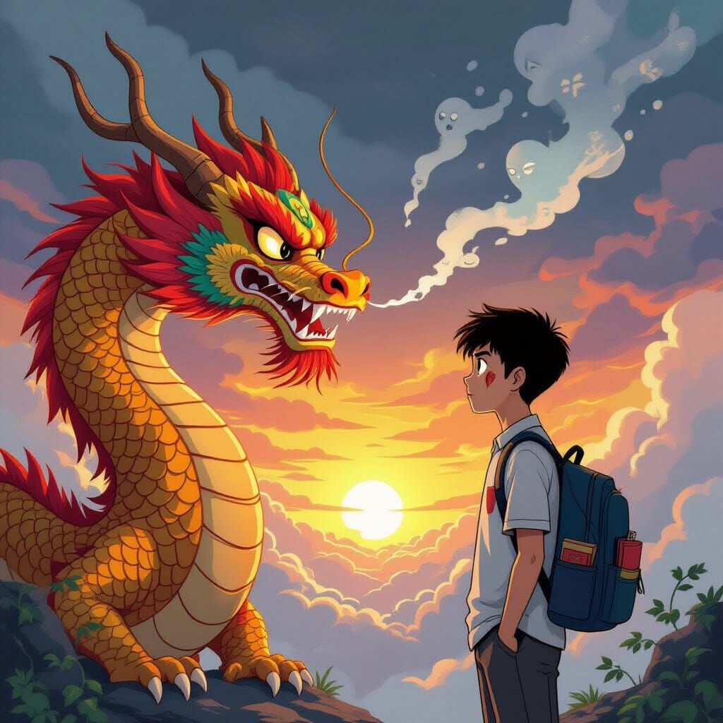 Boy and Dragon Gaze at Sunrise in Comic Ink Style