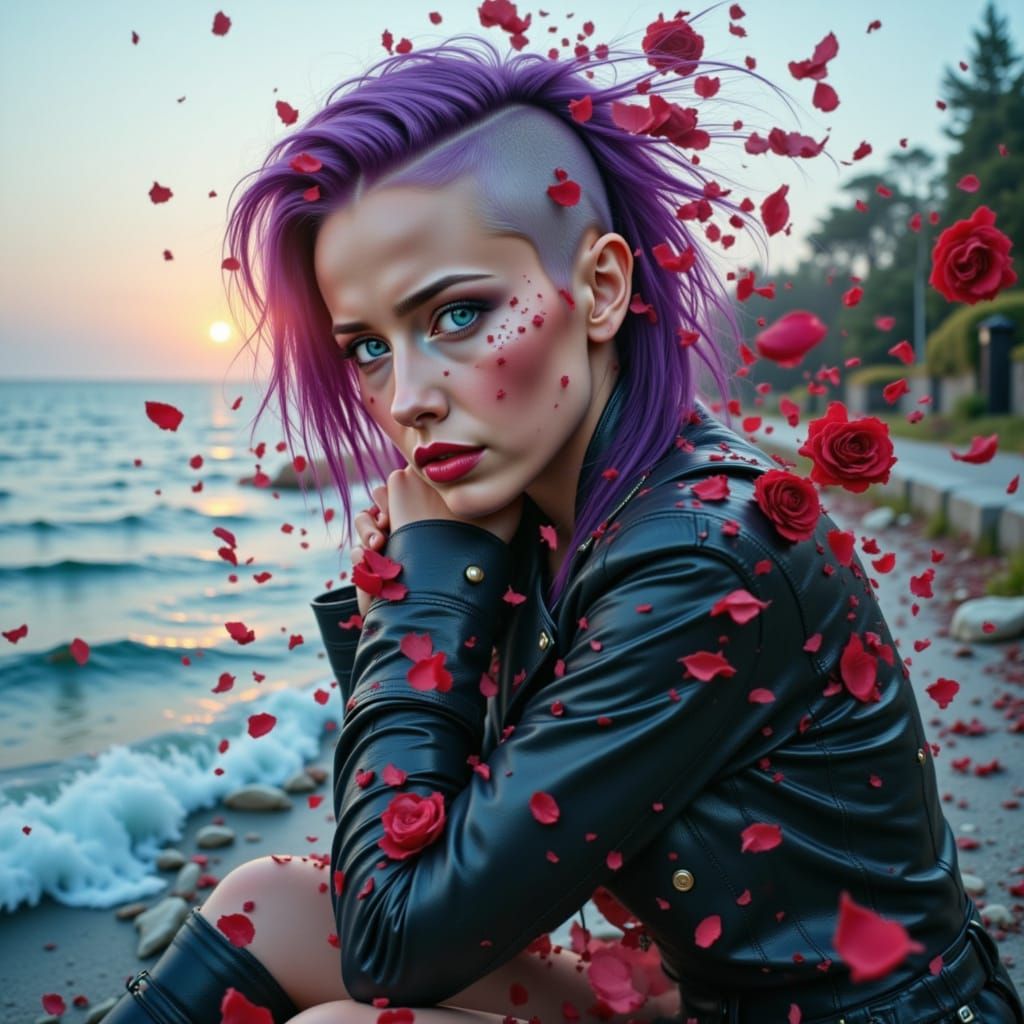 Punk Woman's Longing for Lost Love as Roses Fall