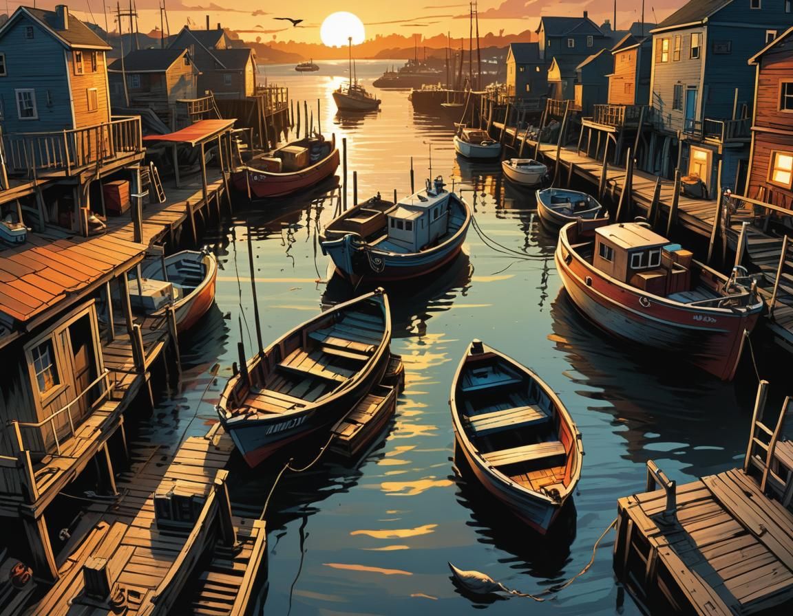 Sunset Fishing Port in Comic Book Style