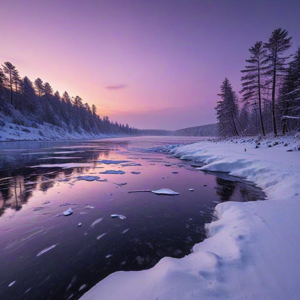 Vibrant Sunset over Frozen Winter Wonderland