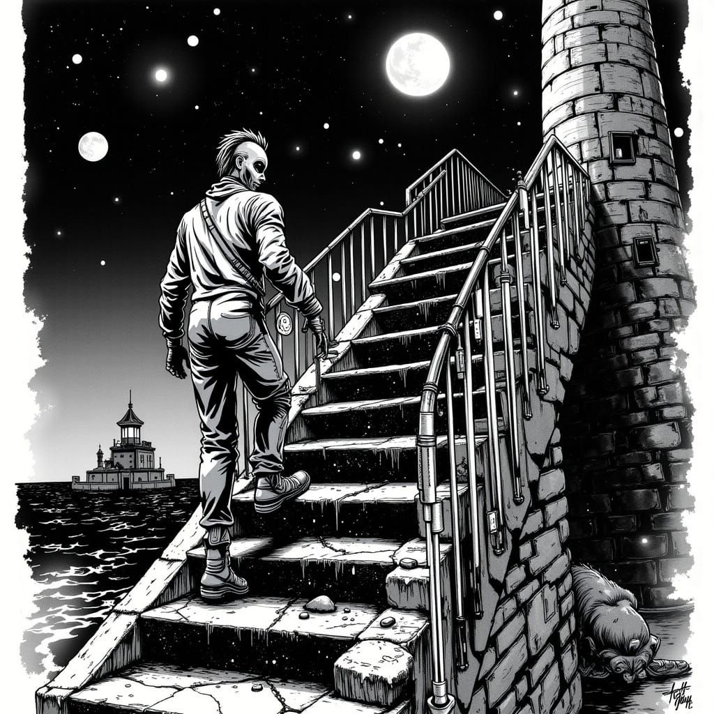 Clown Ascending Lighthouse in Cyberpunk Style