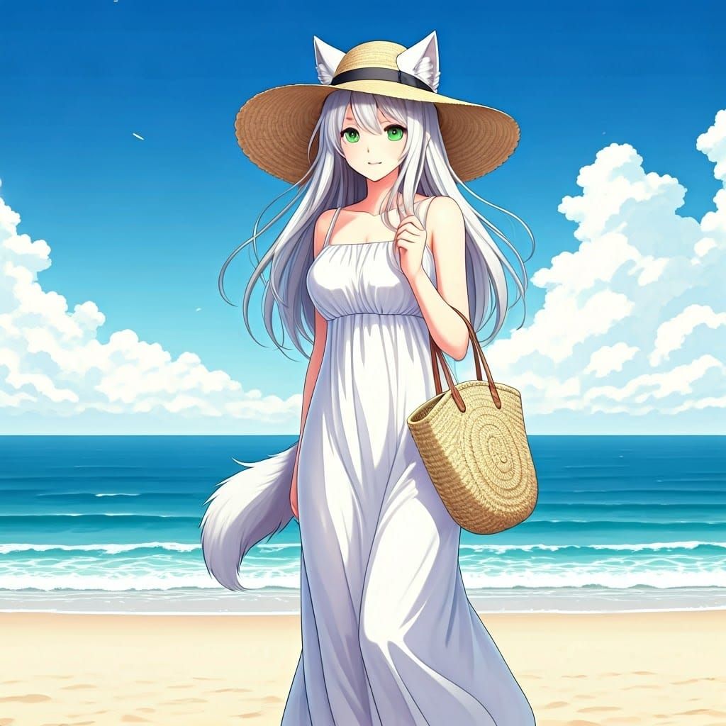 Slender Woman Strolls on Japanese Beach in Hyper Realistic A...