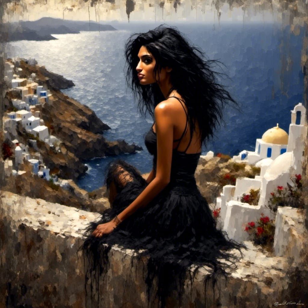 Sad Gothic Girl at Santorini Overlooking the Sea