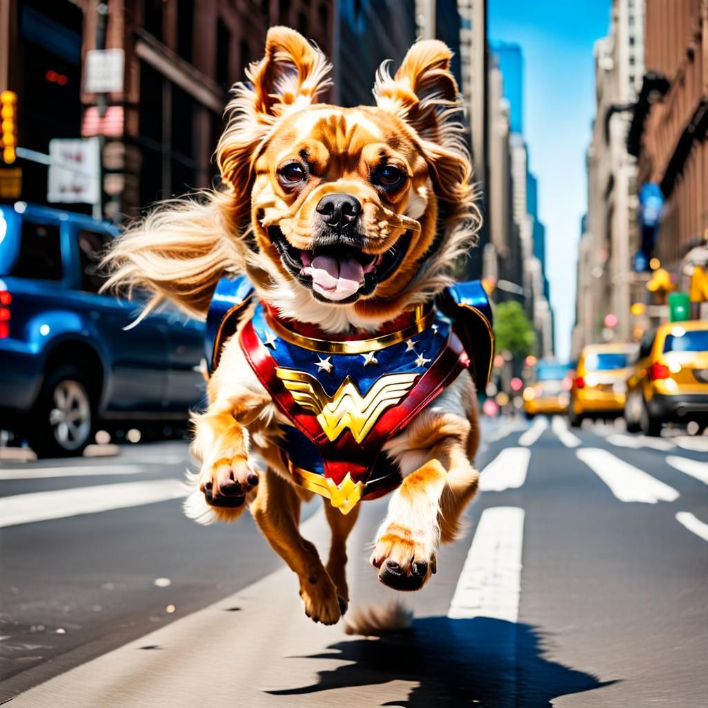 Wonder Woman Dog Running Through New York City
