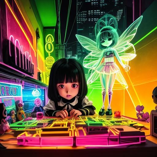 Surreal Rayograph with Rainbow Fairy and Neon Cityscape