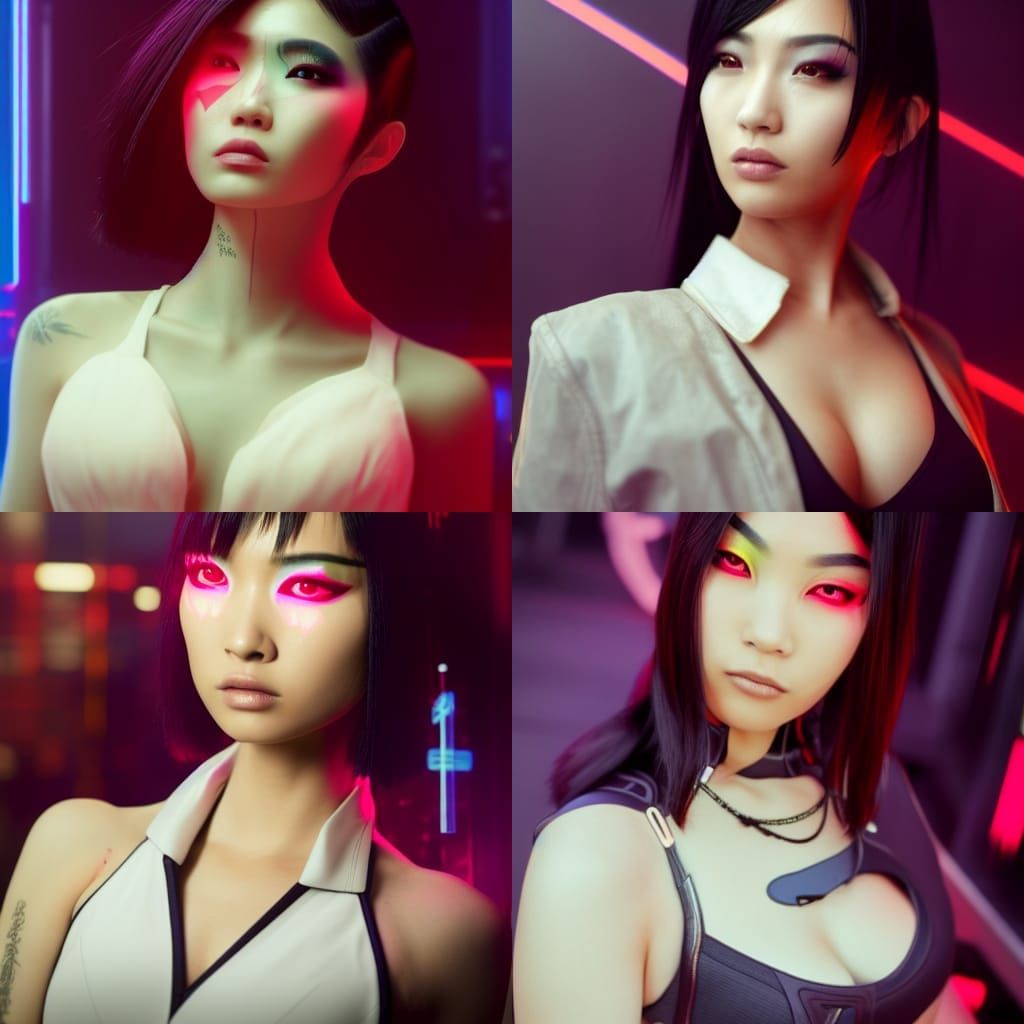 Cyberpunk Asian Goth Woman in Neon Cityscape