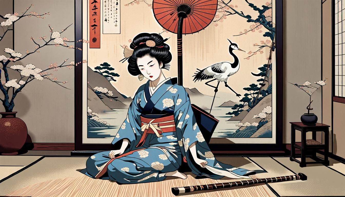 Geisha Playing Shamisen in Ukiyo-e Style