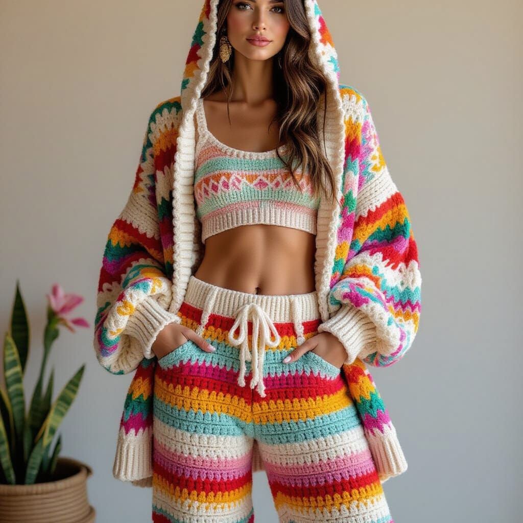Woman in Vibrant Crocheted Clothing: Whimsical Dreamscape