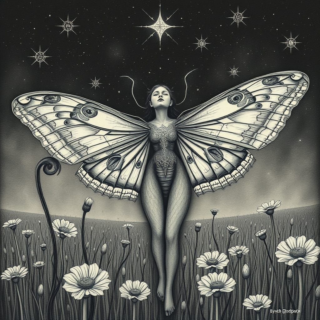 Ethereal Moth Woman in Starry Field, Aquatint Style