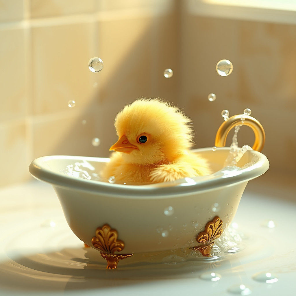 Fluffy Chick's Bath: Hyperrealistic Anime-Inspired 3D Art