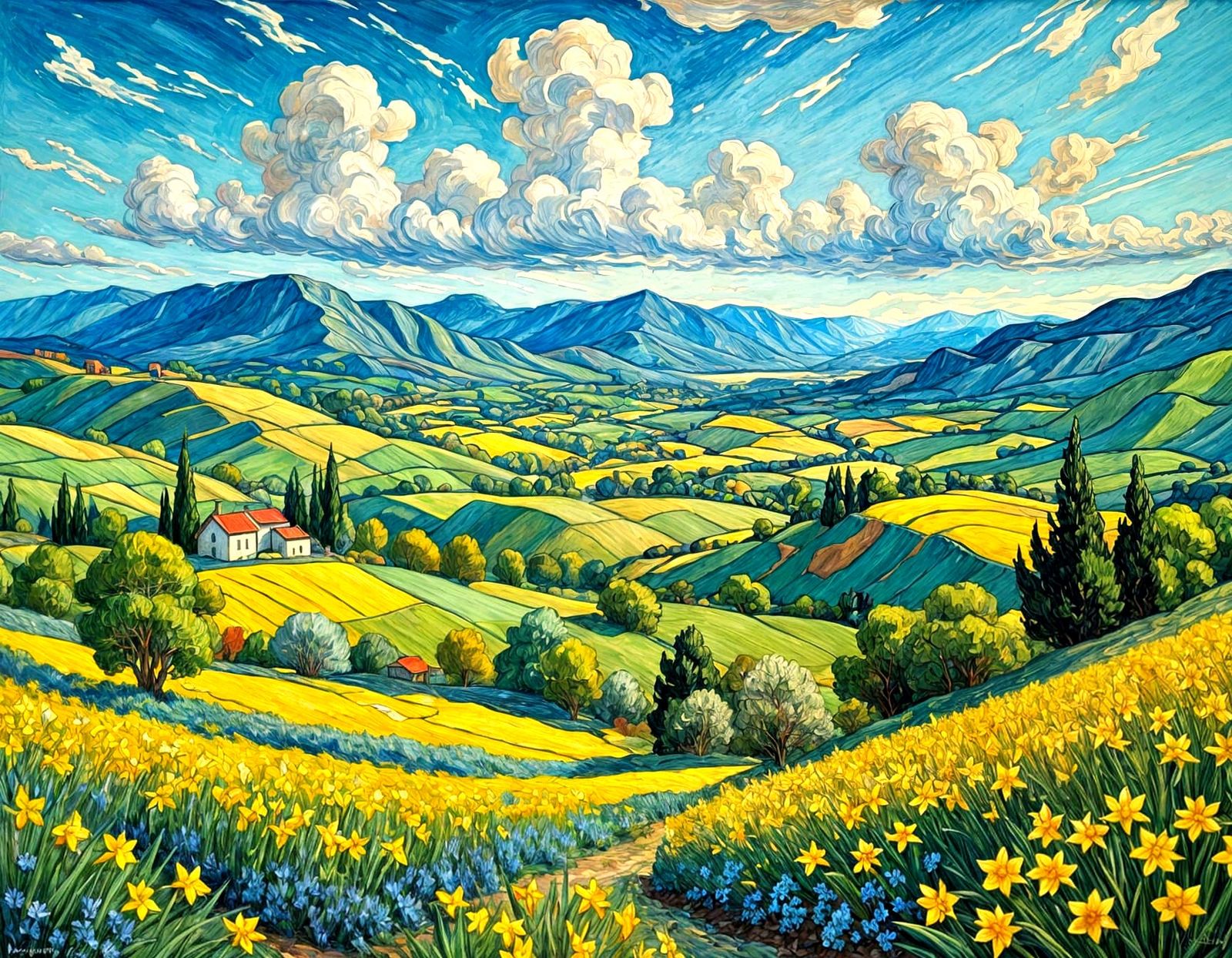 Vibrant Post-Impressionist Landscape with Daffodils and Roll...