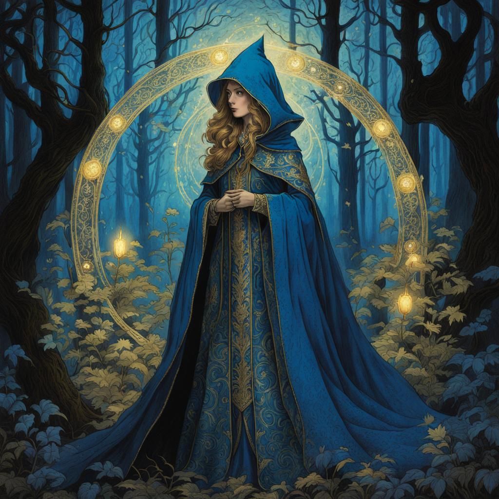 Wizard in Blue Cloak Against Dark Forest