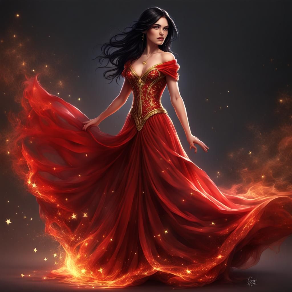 Elegant Princess in Red Dress with Fire Hem