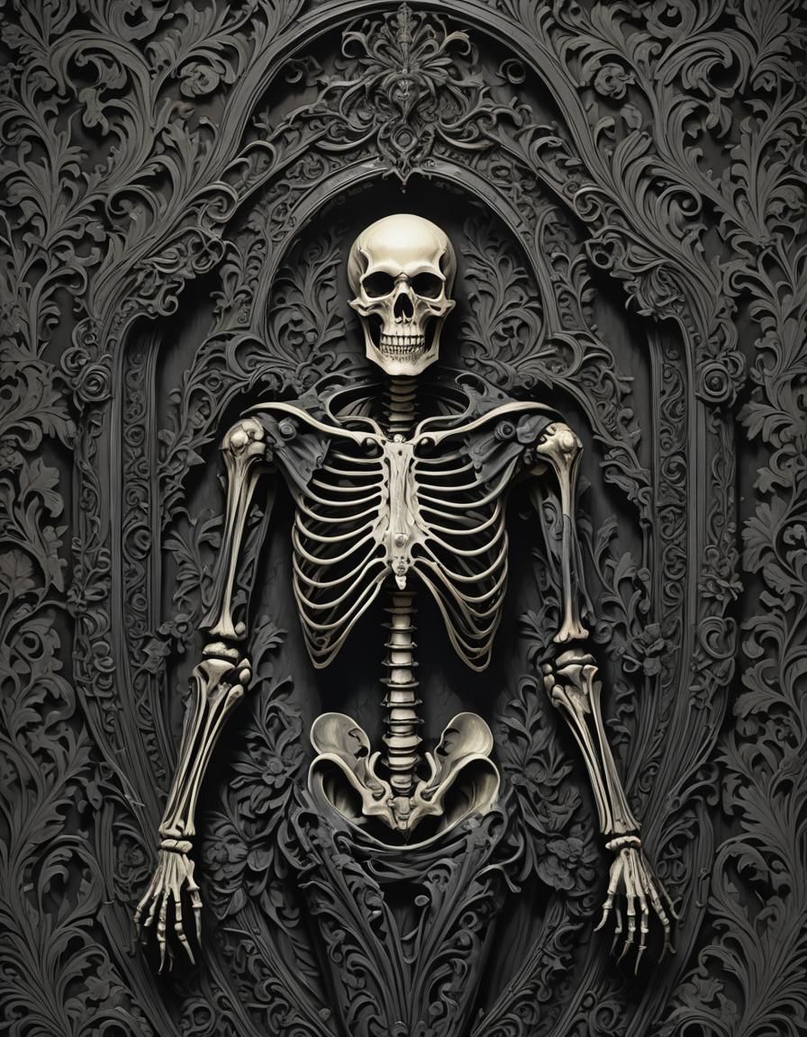 Gothic Victorian Skeleton in Damask Coffin