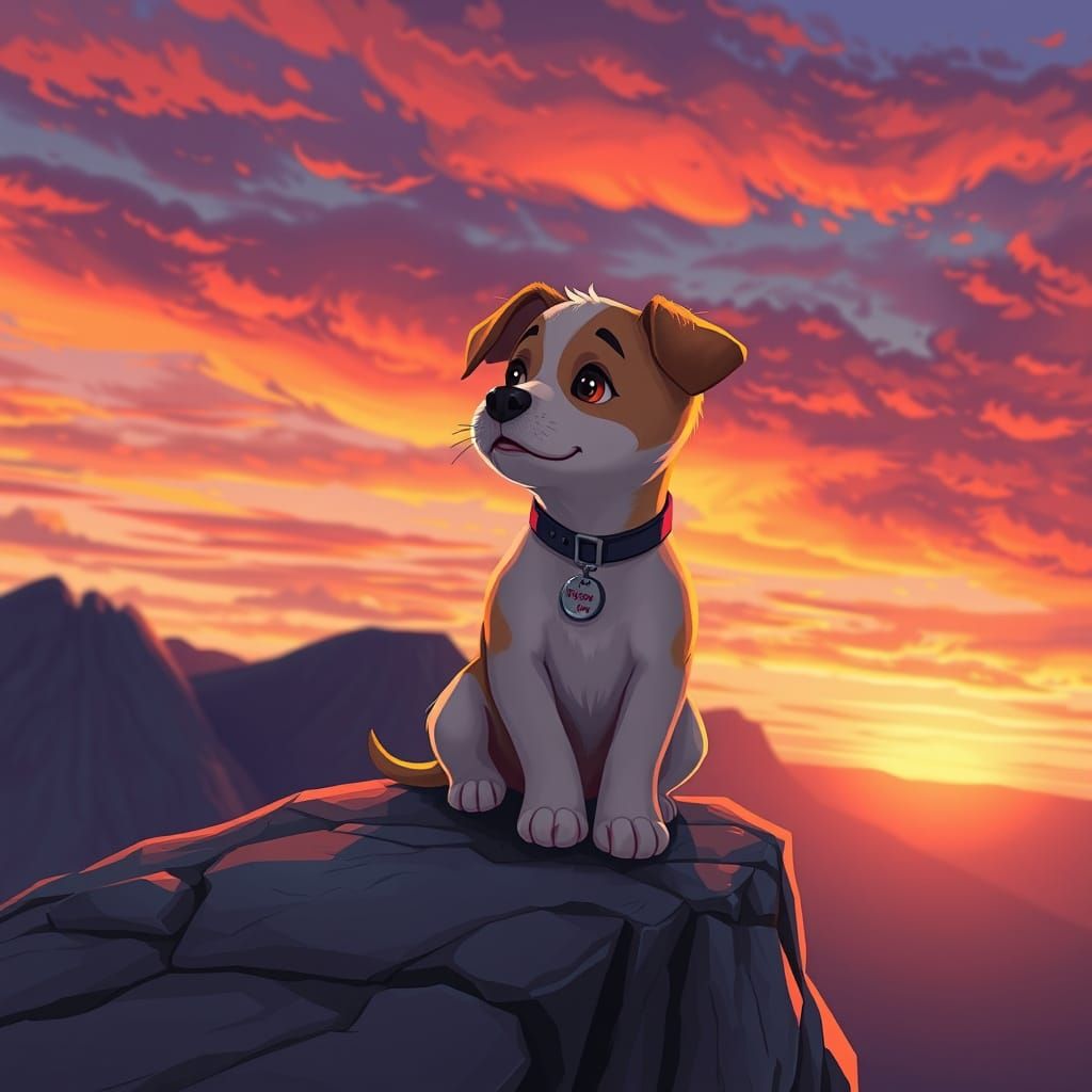 Adorable puppy gazing wistfully at a breathtaking sunset