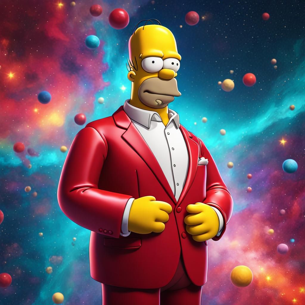 Homer Simpson in Red Tuxedo in Colorful Space