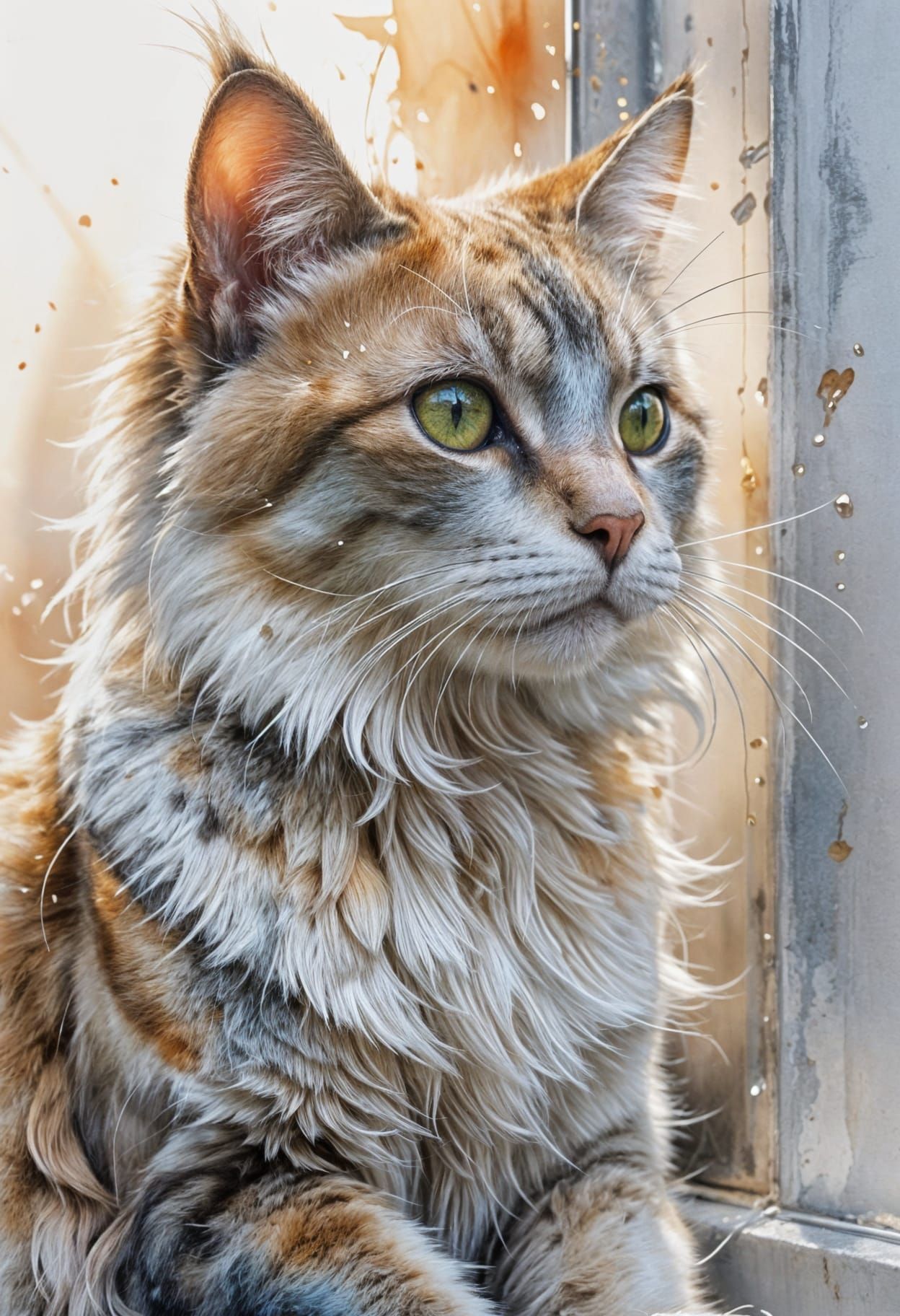 Sleek Cat on Windowsill in Expressive Watercolor Style