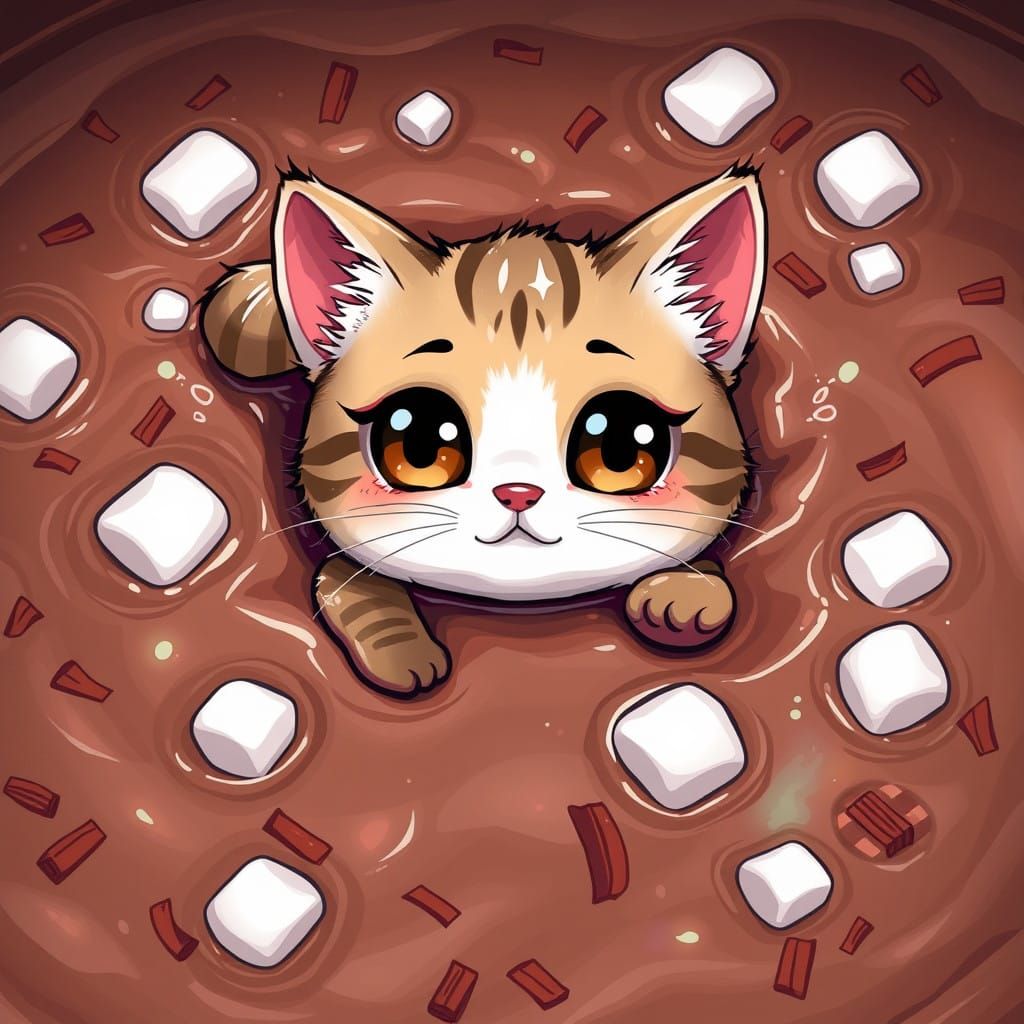 Vibrant Kawaii Cat in Hot Chocolate Scene