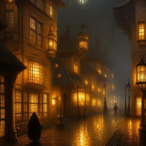 Rainy Medieval Alley: Ethereal Fantasy Oil Painting