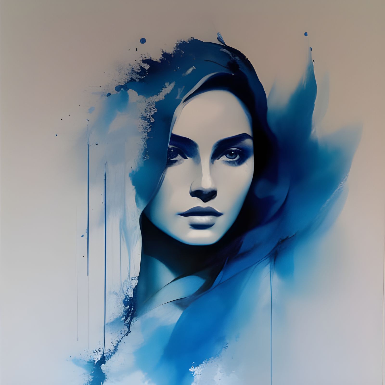 Elegant Blue and White Portrait with Ink Splashes