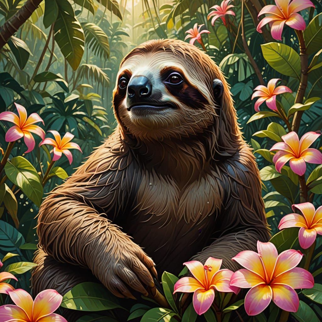 Sloth in Vibrant Plumeria Paradise