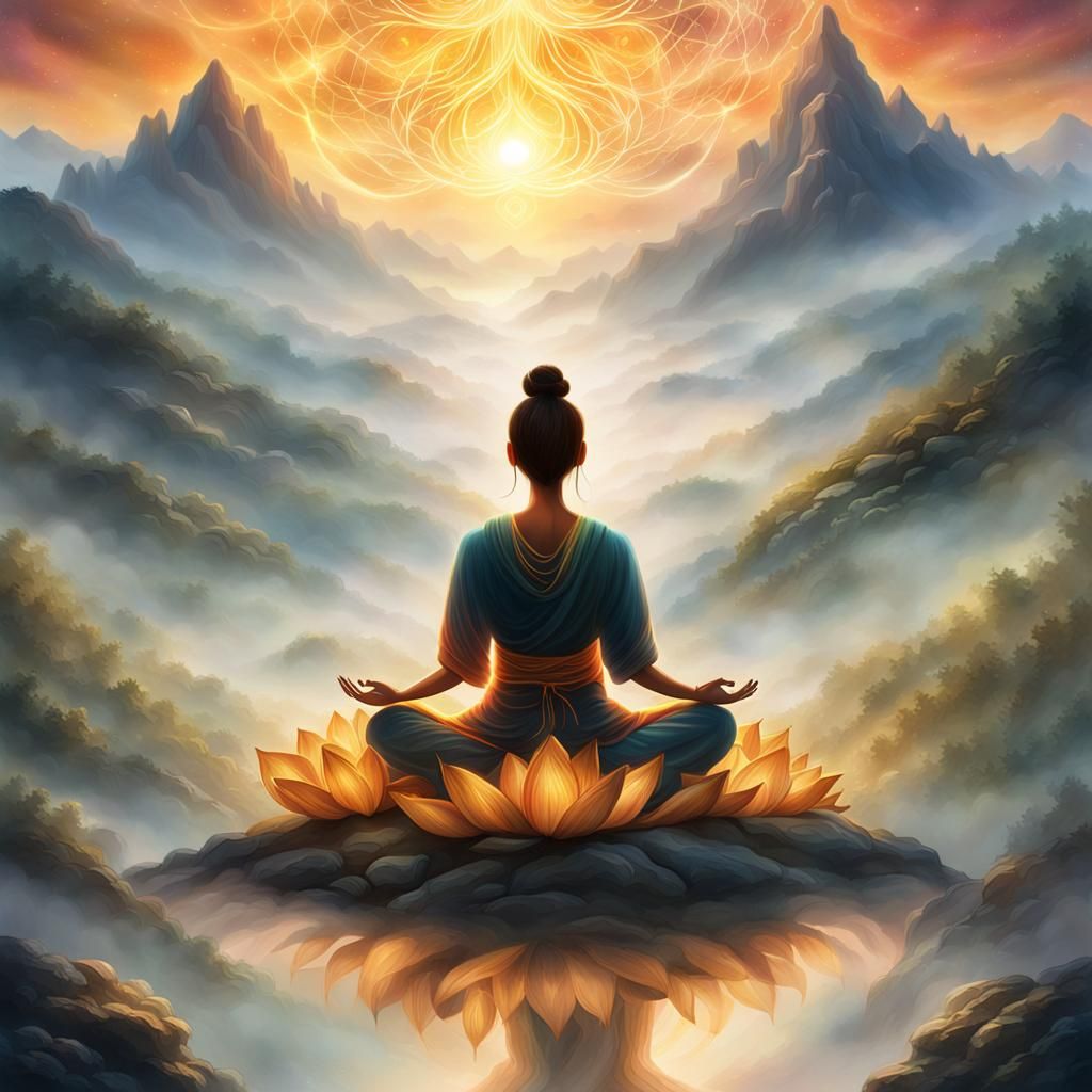 Woman Meditating on Misty Mountain: Digital Art