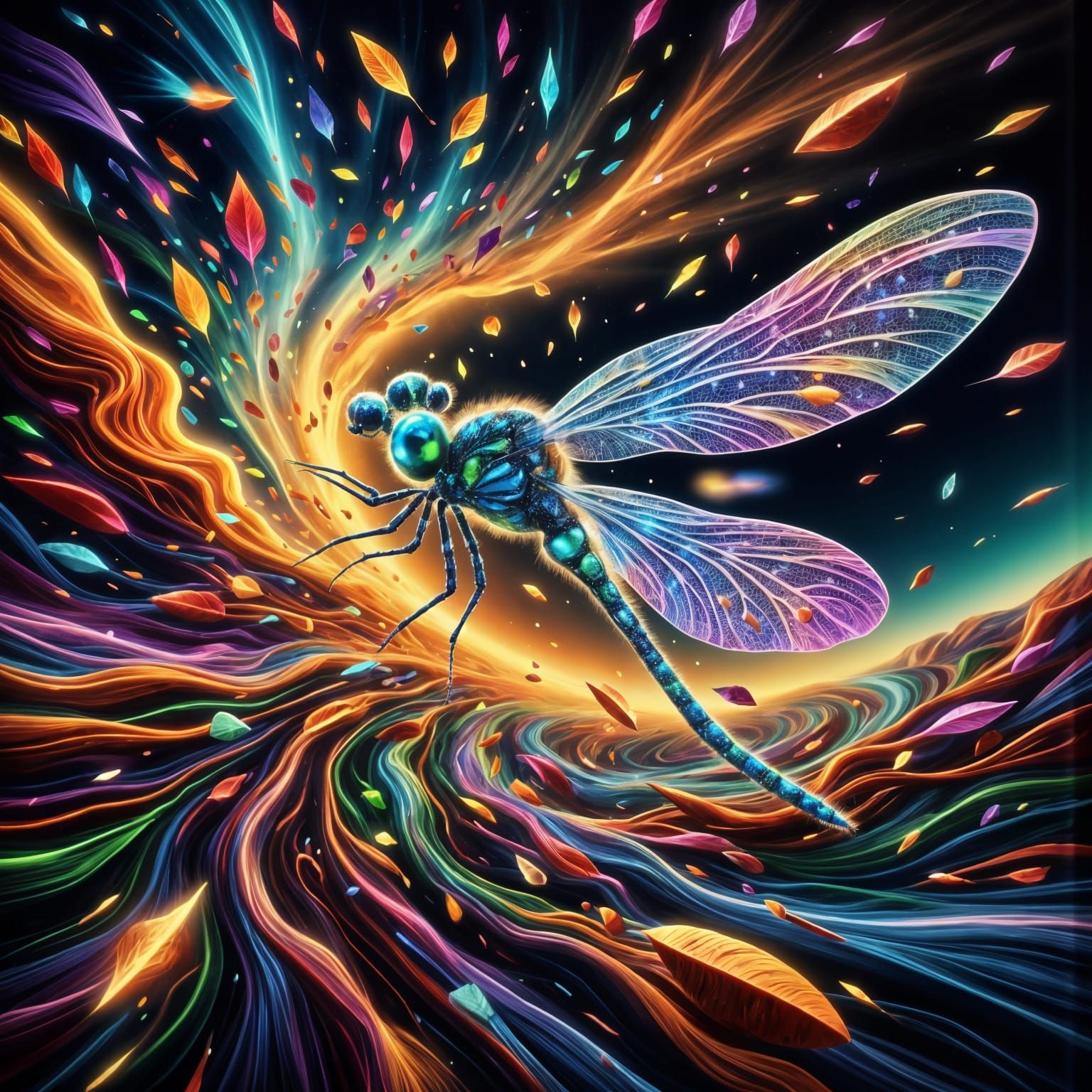 Vibrant Cosmic Dragonfly in Swirling Storm