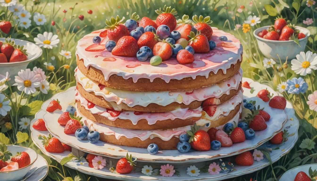 Strawberry Cake in Meadow, Pastel Watercolor Painting