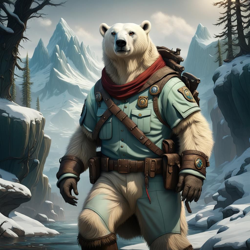 Polar Bear Ranger in Detailed Matte Painting Style