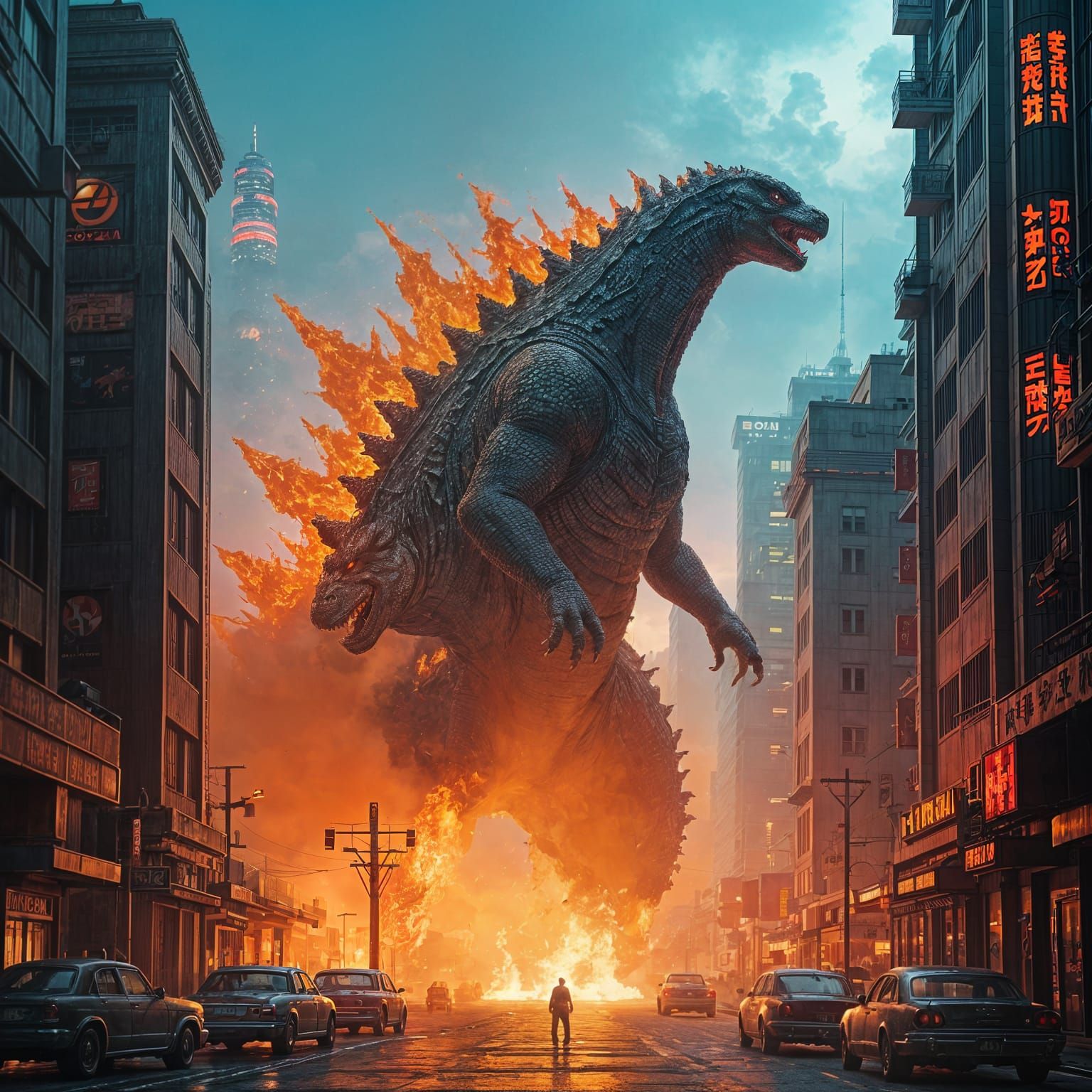 Godzilla Unleashes Fire Breath in Tokyo: 8K Art