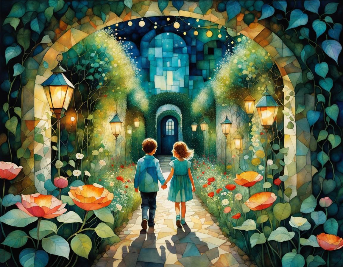 Magical Walled Garden Illustration with Cubist Details